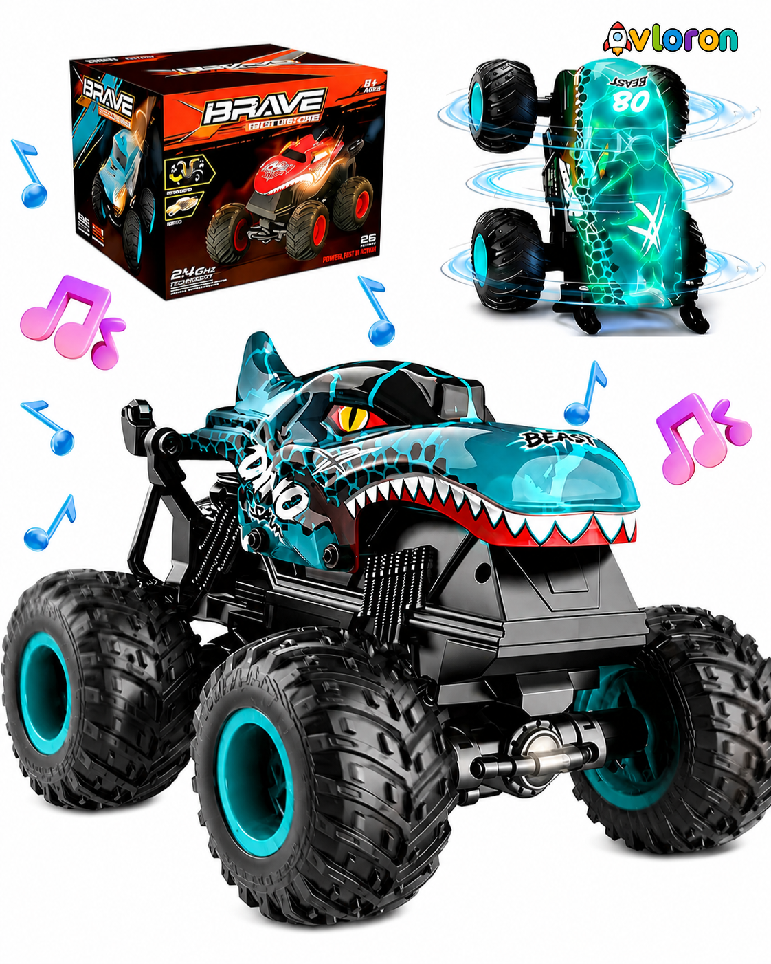 Monster Truck with LED Lights & 360° Spinning Action – Dinosaur Stunt Truck Fun for Kids Ages 3+