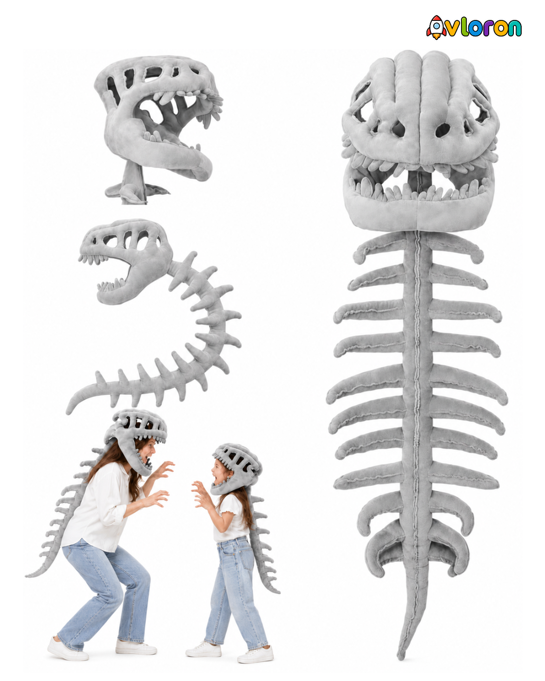 Avloron Dinosaur Skeleton Costume – 3D Plush Skull & Spine Halloween Cosplay Dress Up Outfit