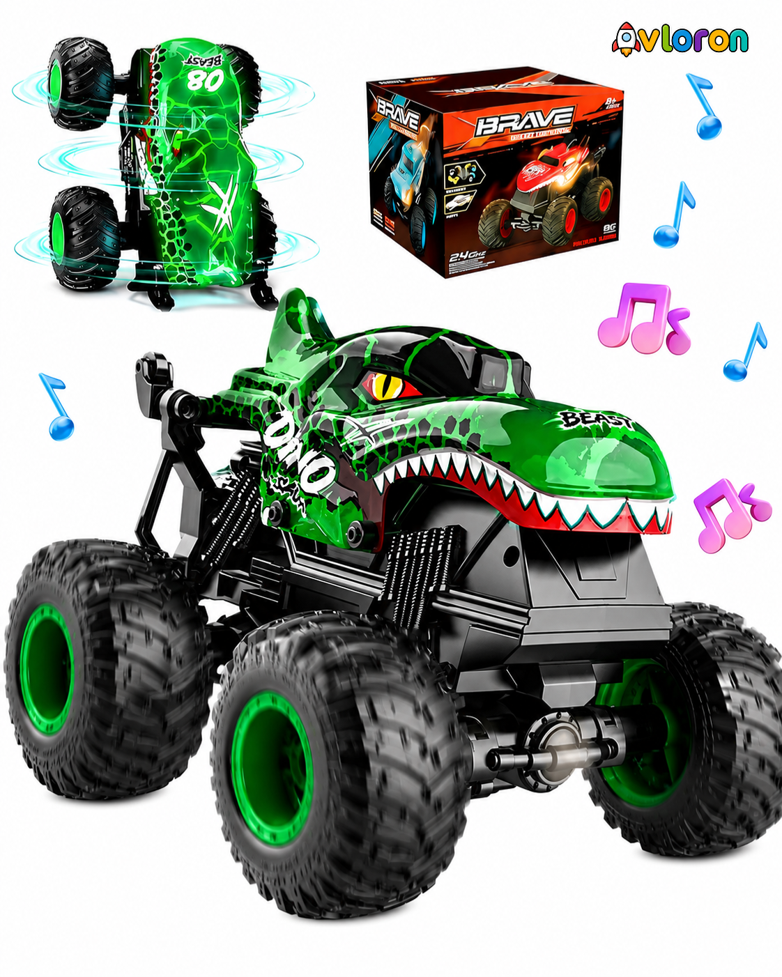Monster Truck with LED Lights & 360° Spinning Action – Dinosaur Stunt Truck Fun for Kids Ages 3+