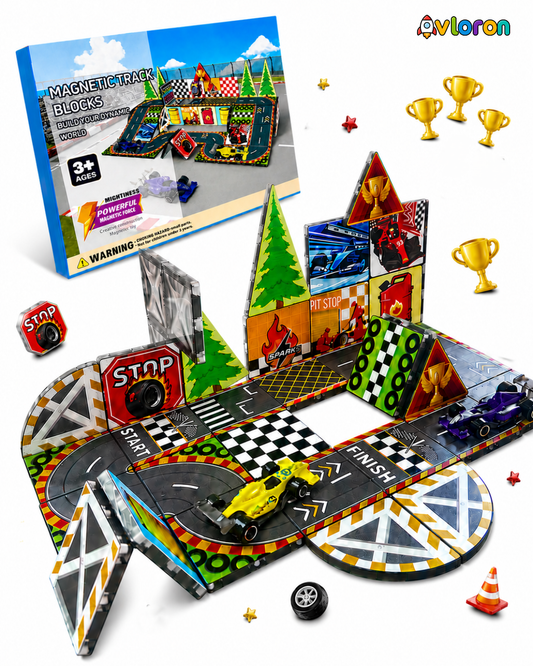 Magnetic Track Tiles 3D Dynamic World 44PCS – STEM Racing Construction Set with Strong Magnetic Force – Develop Creativity & Motor Skills Ages 3+