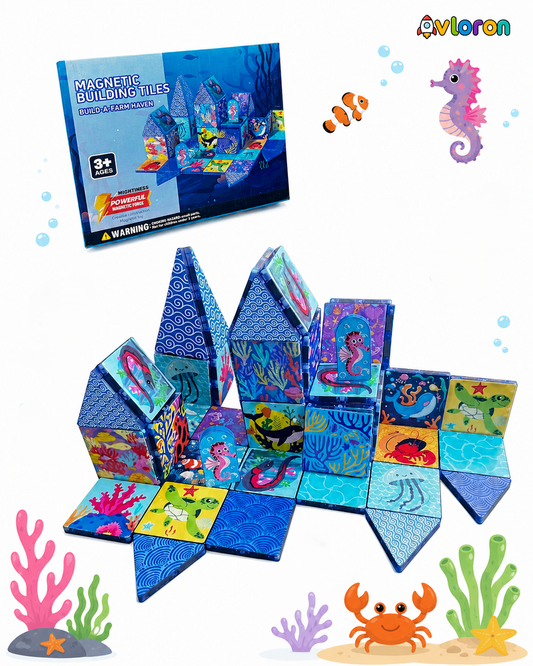 Magnetic Building Tiles 3D Amazing Ocean World 44PCS - STEM Construction Set with Strong Magnetic Force-Develop Thinking & Motor Skills Ages 3+