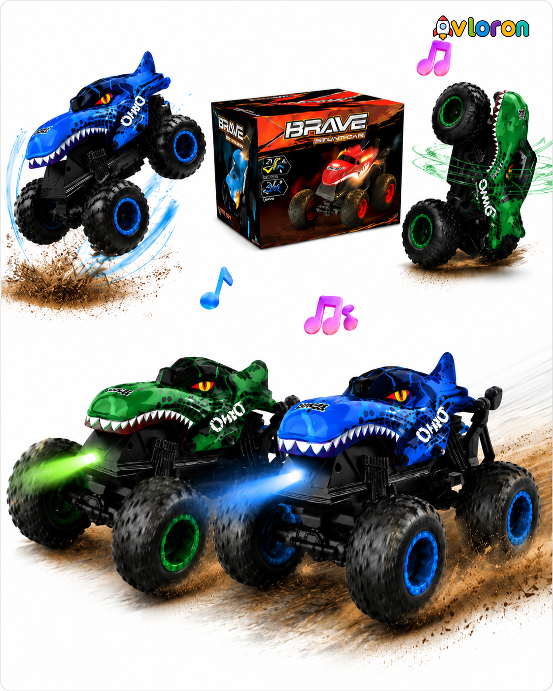 Monster Truck with LED Lights & 360° Spinning Action – Dinosaur Stunt Truck Fun for Kids Ages 3+