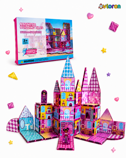 Magnetic Building Tiles 3D Pink Dollhouse 52PCS - STEM Construction Set with Strong Magnetic Force-Develop Creativity & Motor Skills Ages 3+