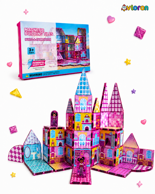 Magnetic Building Tiles 3D Pink Dollhouse 52PCS - STEM Construction Set with Strong Magnetic Force-Develop Creativity & Motor Skills Ages 3+
