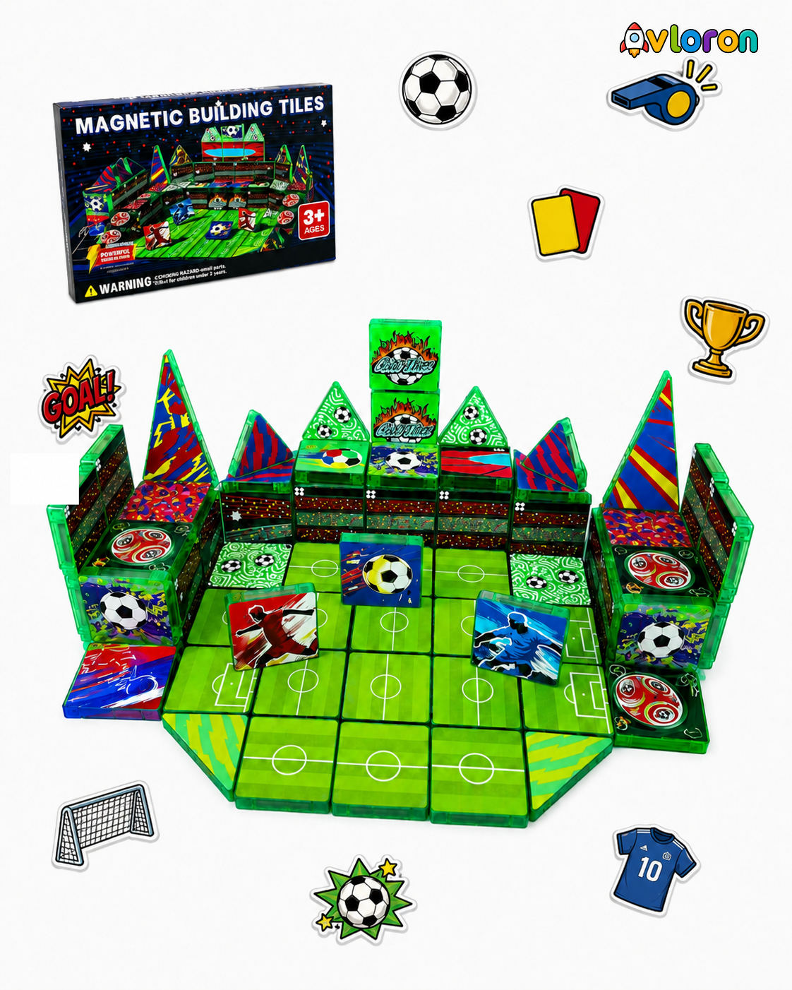 AvloronMagnetic Building Tiles 3D Soccer Stadium World 60PCS - STEM Construction Set with Strong Magnetic Force-Develop Thinking & Motor Skills Ages 3+