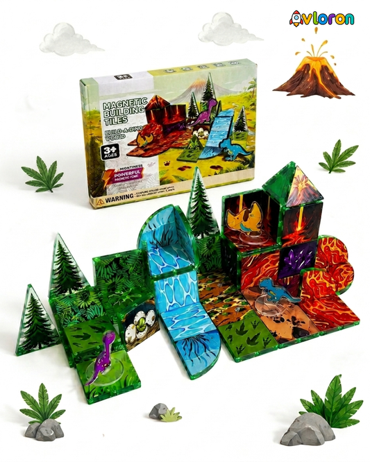 Magnetic Building Tiles 3D Dino World 44PCS - STEM Construction Set with Strong Magnetic Force-Develop Thinking & Motor Skills Ages 3+