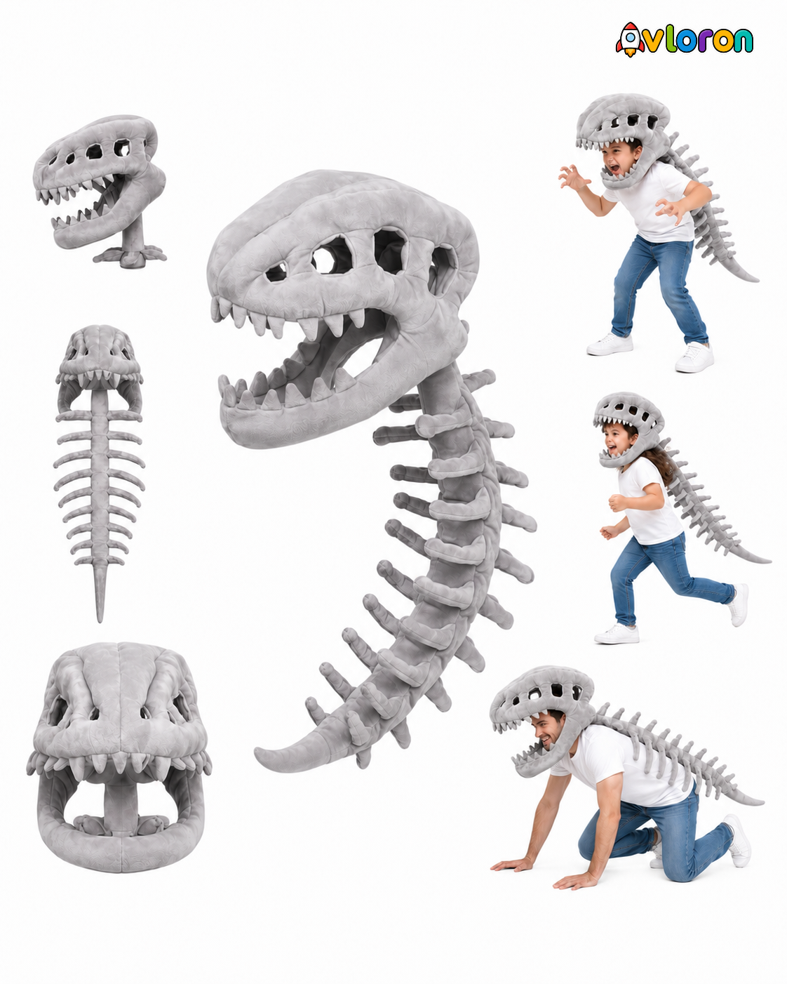 Avloron Dinosaur Skeleton Costume – 3D Plush Skull & Spine Halloween Cosplay Dress Up Outfit