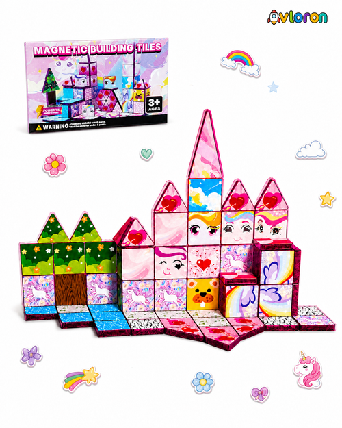Magnetic Building Tiles 3D Little Pony World 60PCS - STEM Construction Set with Strong Magnetic Force-Develop Thinking & Motor Skills Ages 3+