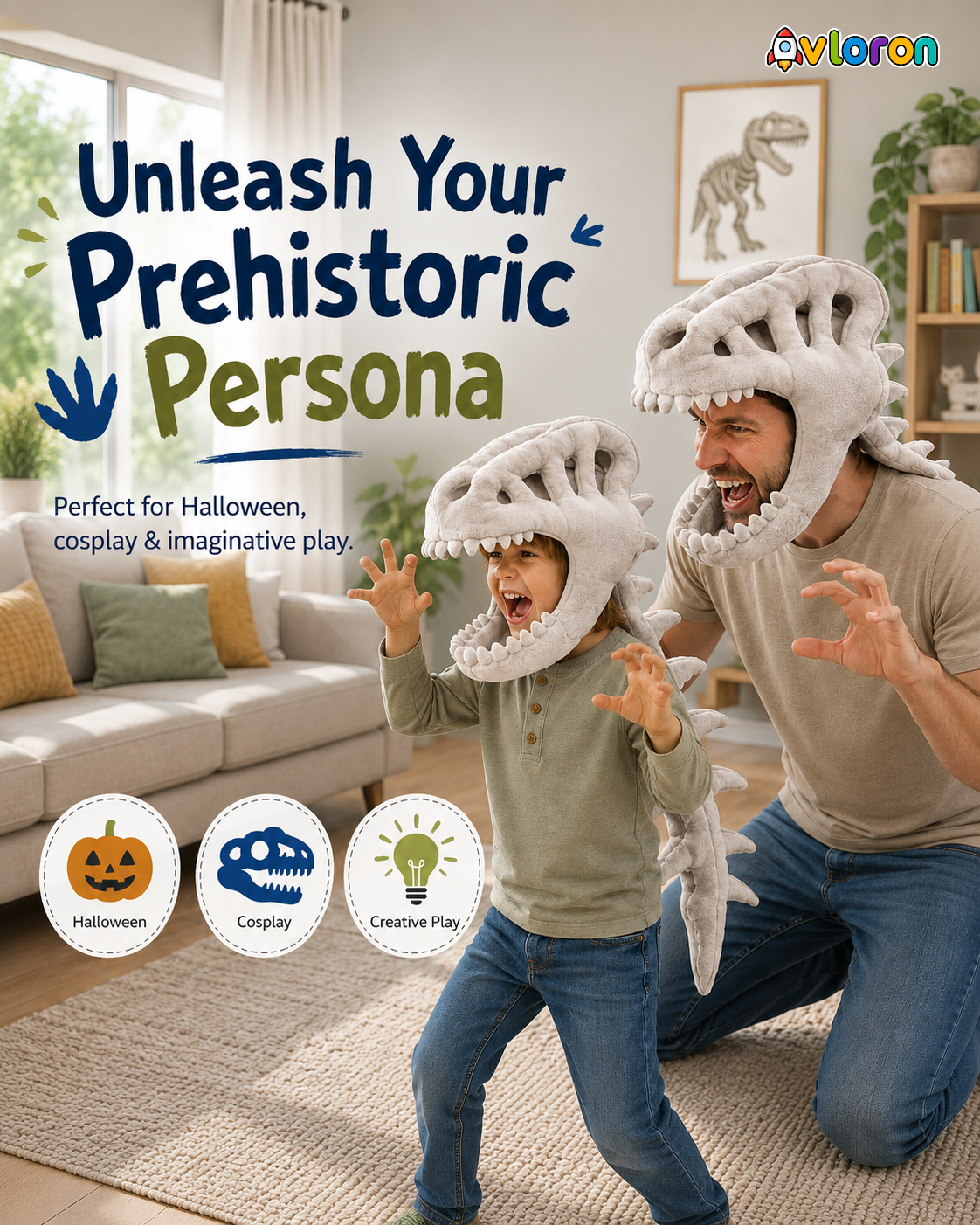 Avloron Dinosaur Skeleton Costume – 3D Plush Skull & Spine Halloween Cosplay Dress Up Outfit