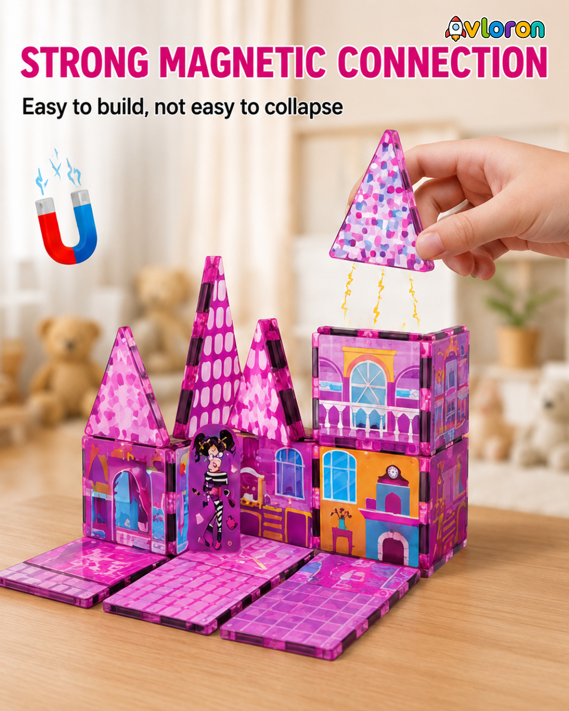 Magnetic Building Tiles 3D Pink Dollhouse 52PCS - STEM Construction Set with Strong Magnetic Force-Develop Creativity & Motor Skills Ages 3+