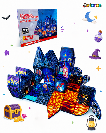 Magnetic Building Tiles 3D Mystic Night Castle 52PCS - STEM Construction Set with Strong Magnetic Force-Develop Thinking & Motor Skills Ages 3+