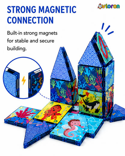 Magnetic Building Tiles 3D Amazing Ocean World 44PCS - STEM Construction Set with Strong Magnetic Force-Develop Thinking & Motor Skills Ages 3+