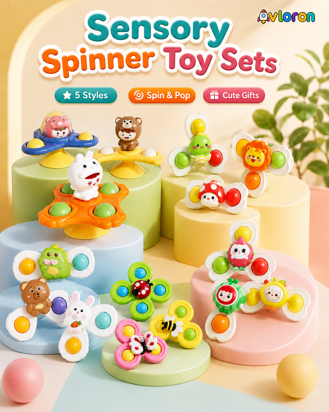 Avloron 3PCS Suction Cup Spinning Bath Toys – Sensory Fidget Toys for Bath Time, Early Learning & Fine Motor Skills