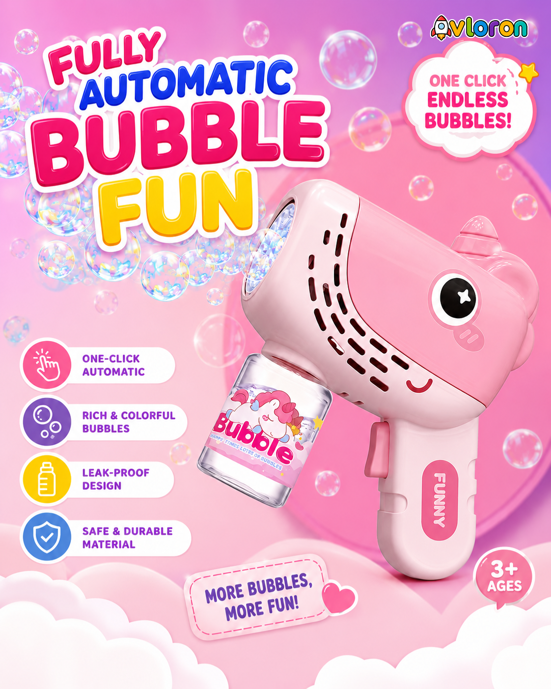Avloron 10-Hole Cartoon Electric Bubble Machine with Colorful LED Lights – Automatic Bubble Toy for Outdoor Summer Fun Ages 3+