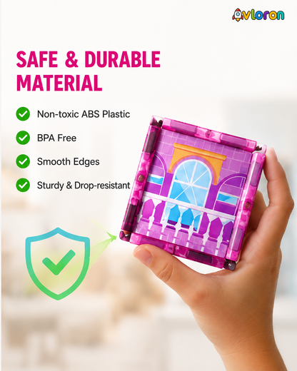 Magnetic Building Tiles 3D Pink Dollhouse 52PCS - STEM Construction Set with Strong Magnetic Force-Develop Creativity & Motor Skills Ages 3+