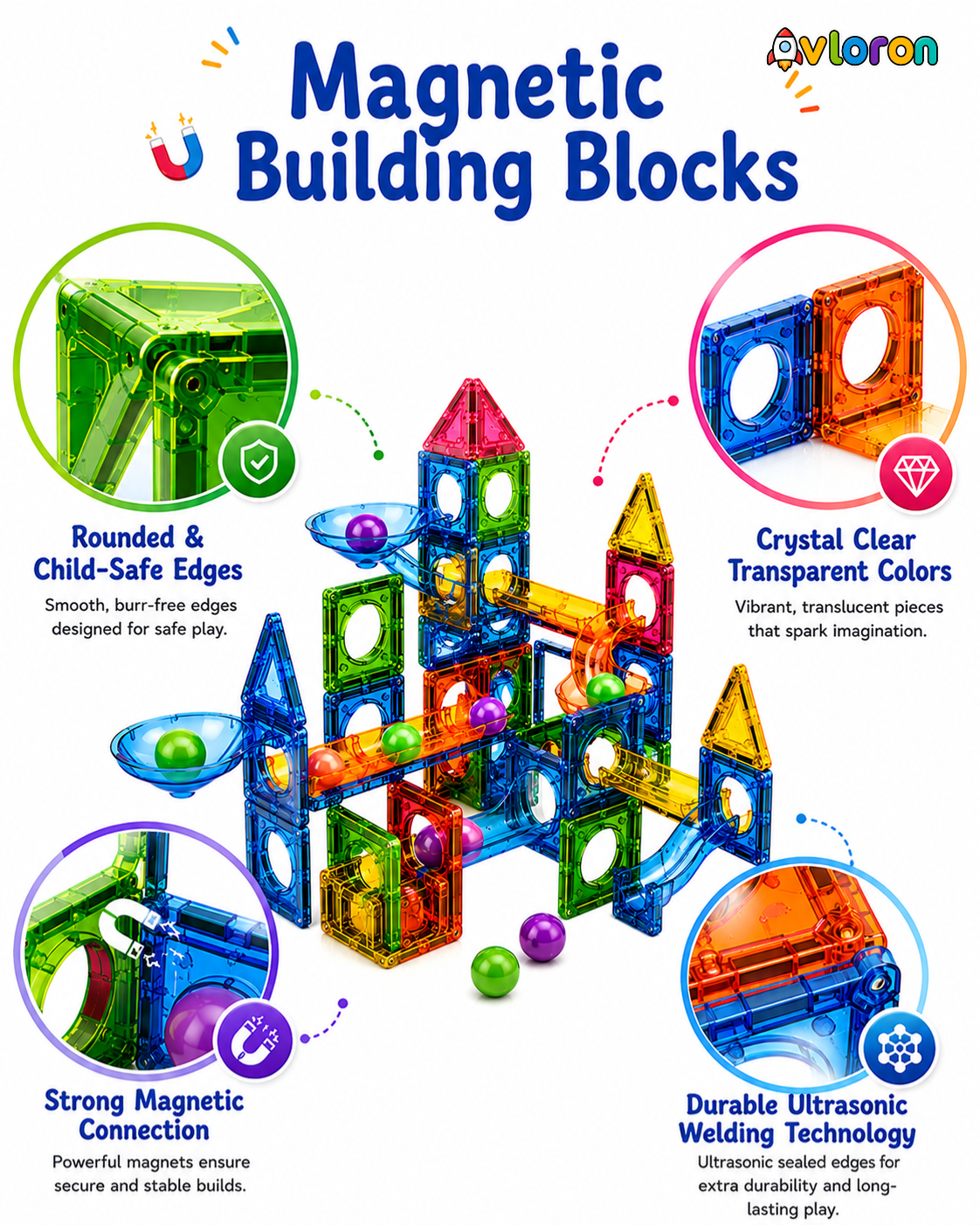 Magic Magnetic Blocks 62PCS Snowy Marble Run World – STEM Building Toy for Imaginative Play & Motor Skills Ages 3+