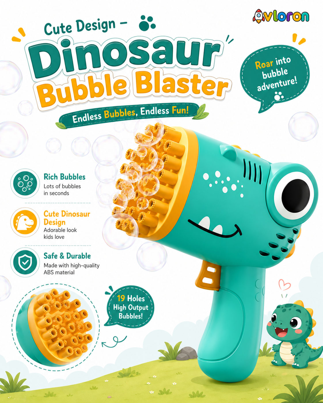 40-Hole Dinosaur Bubble Machine Gun with Automatic Bubble Blasting – Outdoor Bubble Toy for Parties, Weddings & Kids Ages 3+