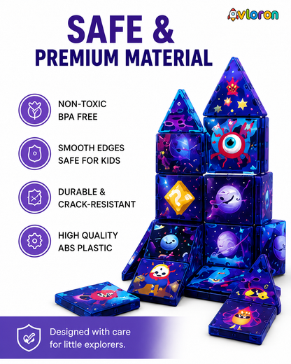 Avloron Magnetic Building Tiles 3D Galaxy World 60PCS - STEM Construction Set with Strong Magnetic Force-Develop Thinking & Motor Skills Ages 3+