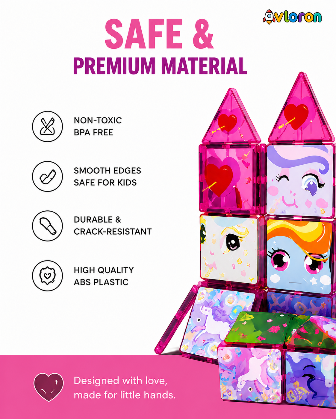 Magnetic Building Tiles 3D Little Pony World 60PCS - STEM Construction Set with Strong Magnetic Force-Develop Thinking & Motor Skills Ages 3+