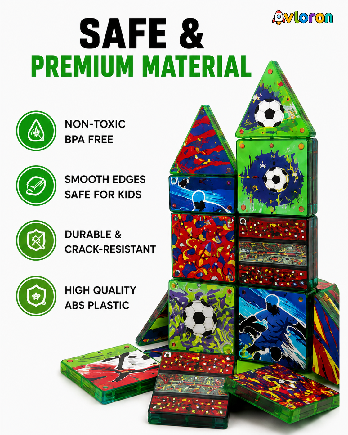 AvloronMagnetic Building Tiles 3D Soccer Stadium World 60PCS - STEM Construction Set with Strong Magnetic Force-Develop Thinking & Motor Skills Ages 3+