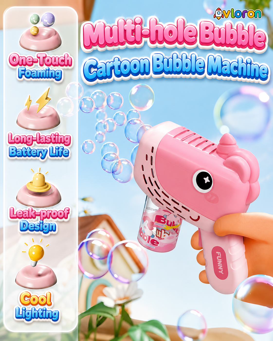 Avloron 10-Hole Cartoon Electric Bubble Machine with Colorful LED Lights – Automatic Bubble Toy for Outdoor Summer Fun Ages 3+
