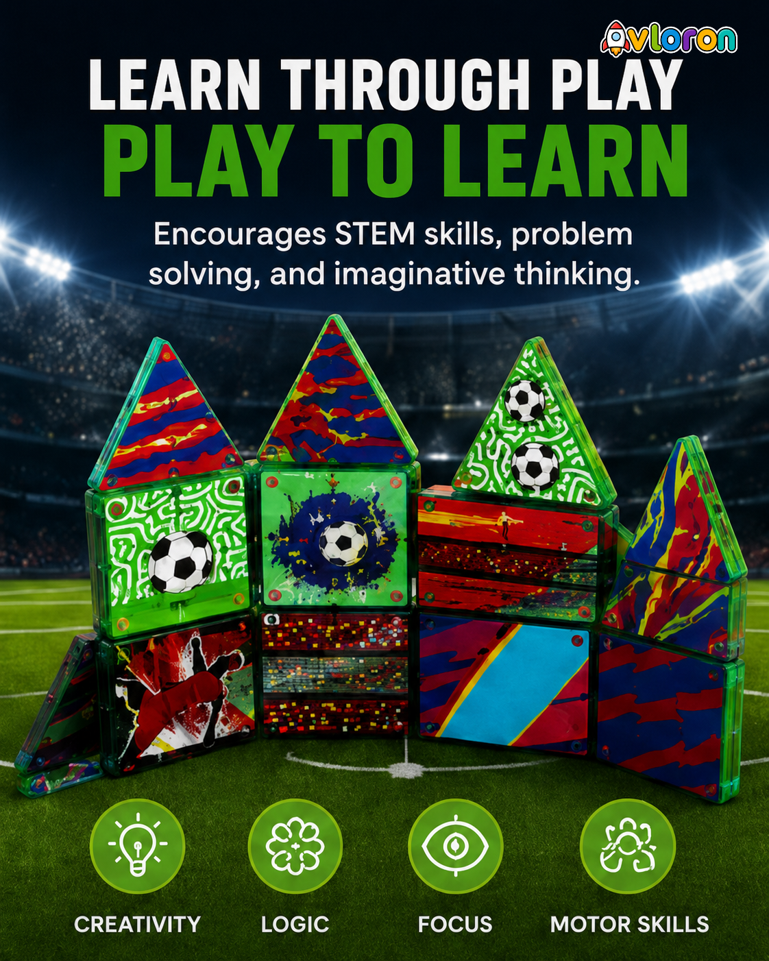 AvloronMagnetic Building Tiles 3D Soccer Stadium World 60PCS - STEM Construction Set with Strong Magnetic Force-Develop Thinking & Motor Skills Ages 3+