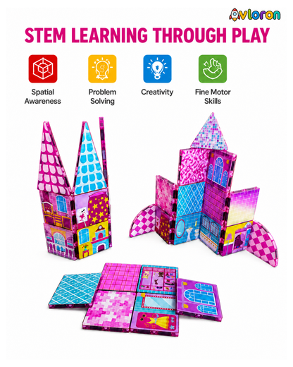 Magnetic Building Tiles 3D Pink Dollhouse 52PCS - STEM Construction Set with Strong Magnetic Force-Develop Creativity & Motor Skills Ages 3+