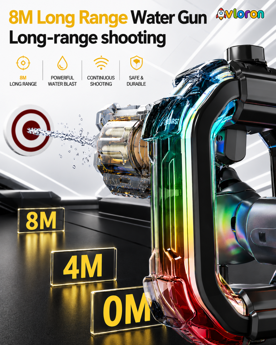 Electric Water Gun with LED Lights & Rotating Cylinder – Long Range Summer Fun for Kids & Adults