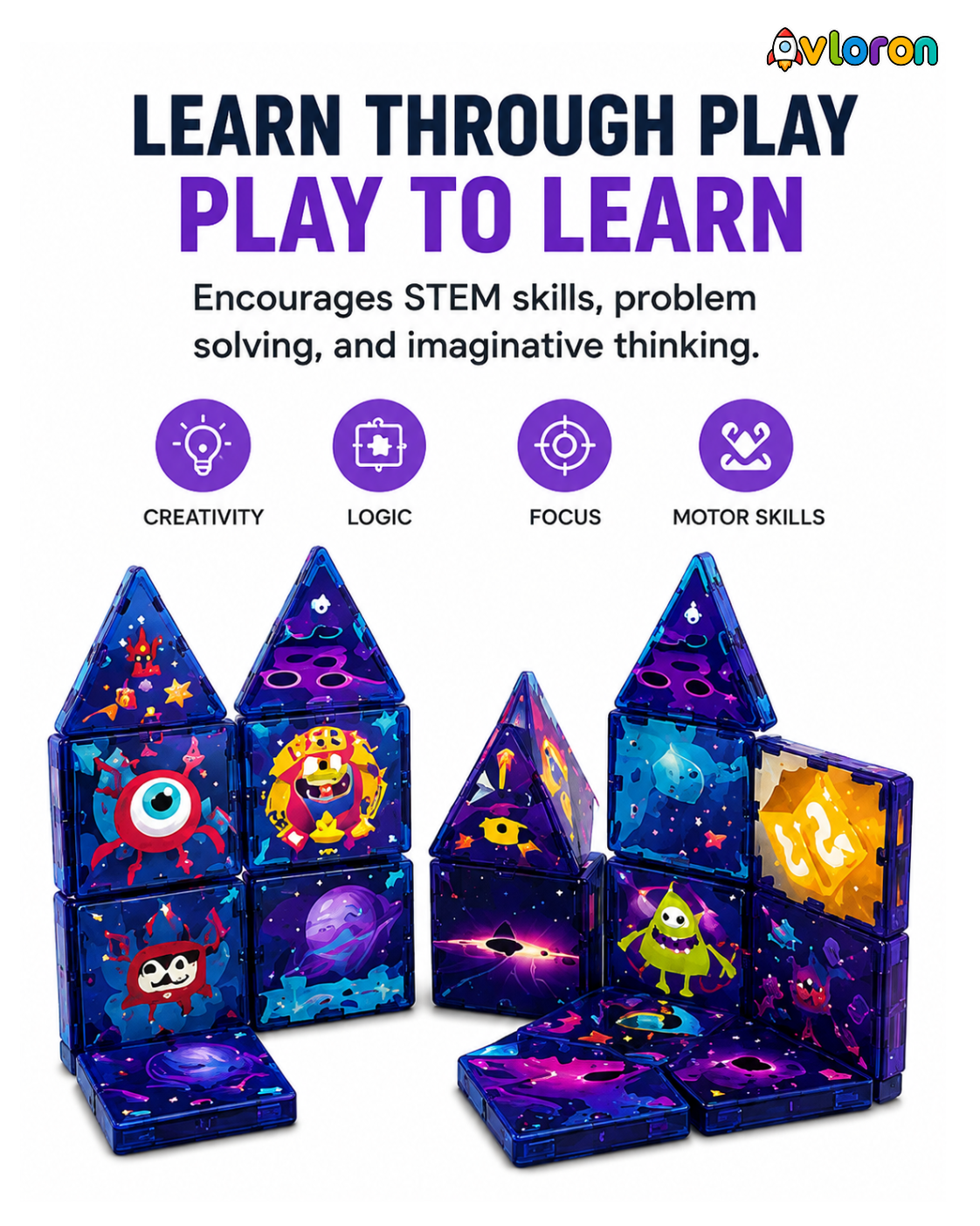 Avloron Magnetic Building Tiles 3D Galaxy World 60PCS - STEM Construction Set with Strong Magnetic Force-Develop Thinking & Motor Skills Ages 3+