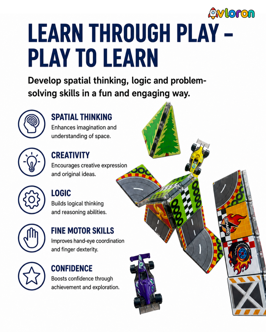 Magnetic Track Tiles 3D Dynamic World 44PCS – STEM Racing Construction Set with Strong Magnetic Force – Develop Creativity & Motor Skills Ages 3+