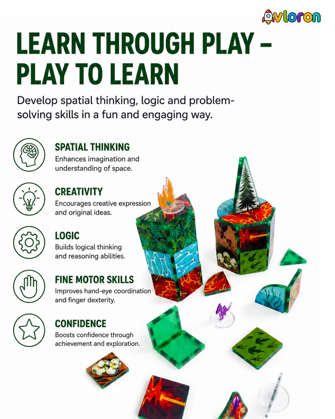 Magnetic Building Tiles 3D Dino World 44PCS - STEM Construction Set with Strong Magnetic Force-Develop Thinking & Motor Skills Ages 3+