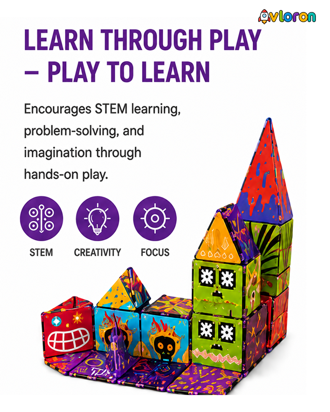 Magnetic Building Tiles 3D Colorful Party 52PCS - STEM Construction Set with Strong Magnetic Force-Develop Thinking & Motor Skills Ages 3+
