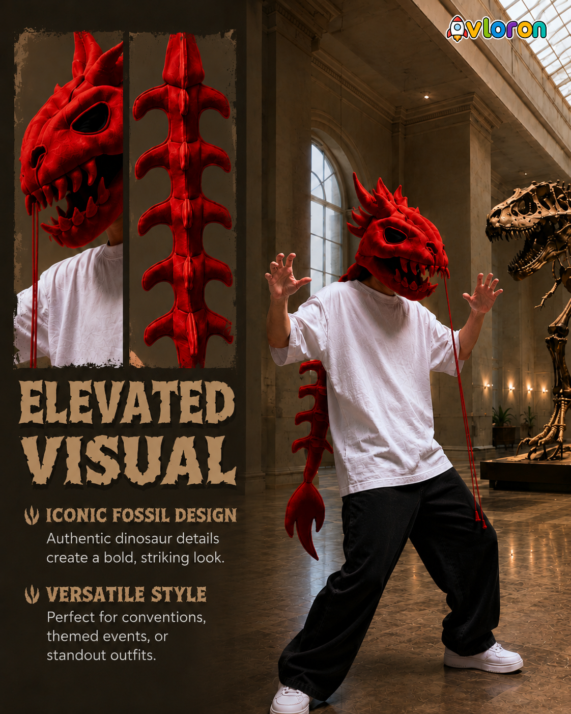 Avloron Dinosaur Skeleton Headpiece – 3D Plush Skull Headwear for Halloween Cosplay, Festivals & Unisex Costume Dress Up