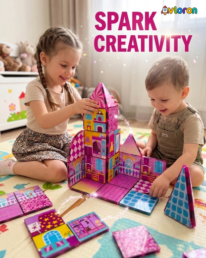 Magnetic Building Tiles 3D Pink Dollhouse 52PCS - STEM Construction Set with Strong Magnetic Force-Develop Creativity & Motor Skills Ages 3+