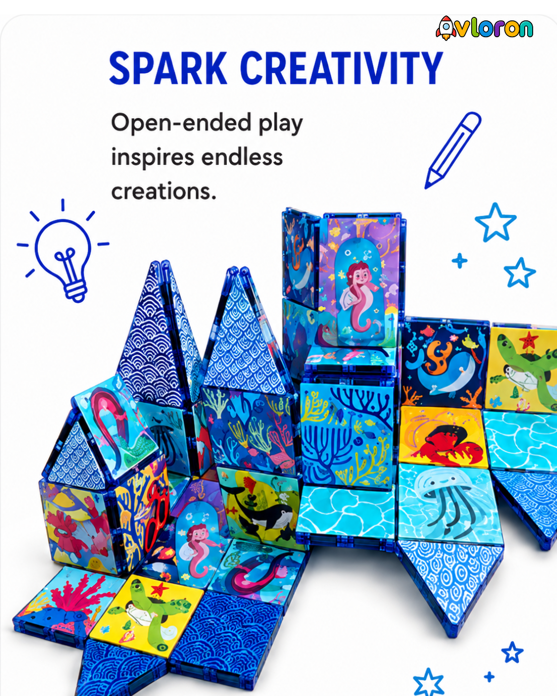 Magnetic Building Tiles 3D Amazing Ocean World 44PCS - STEM Construction Set with Strong Magnetic Force-Develop Thinking & Motor Skills Ages 3+