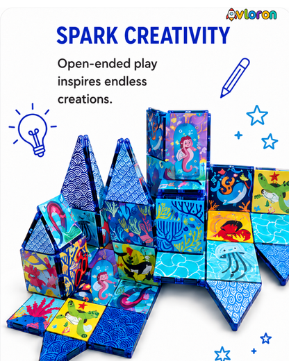 Magnetic Building Tiles 3D Amazing Ocean World 44PCS - STEM Construction Set with Strong Magnetic Force-Develop Thinking & Motor Skills Ages 3+