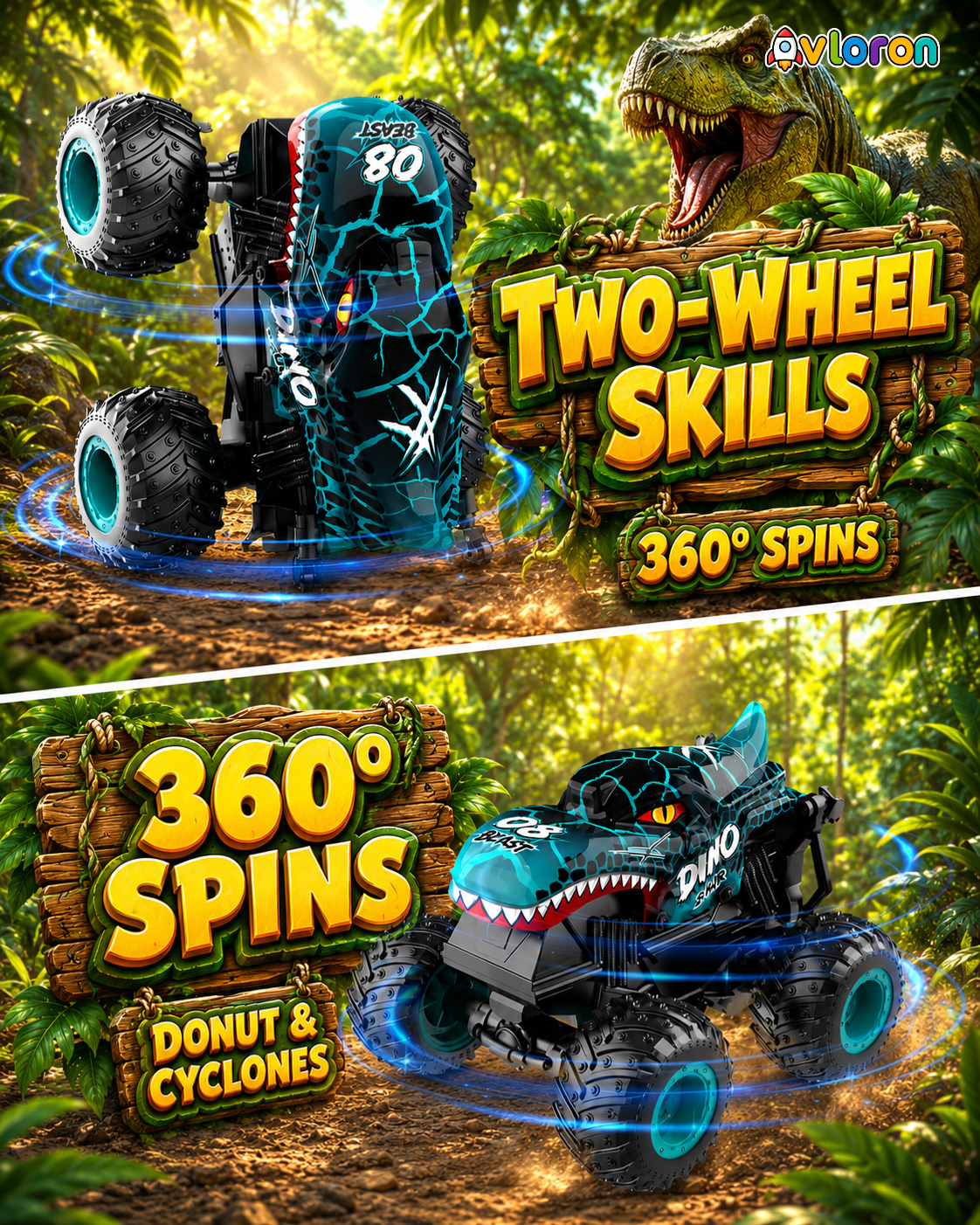 Monster Truck with LED Lights & 360° Spinning Action – Dinosaur Stunt Truck Fun for Kids Ages 3+