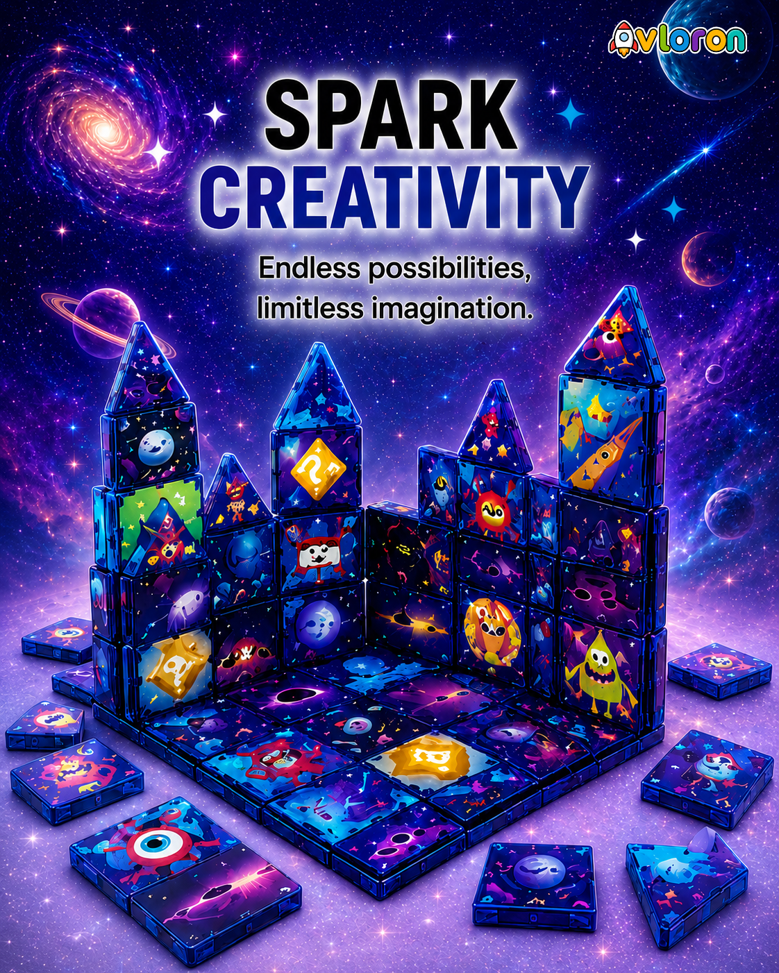 Avloron Magnetic Building Tiles 3D Galaxy World 60PCS - STEM Construction Set with Strong Magnetic Force-Develop Thinking & Motor Skills Ages 3+
