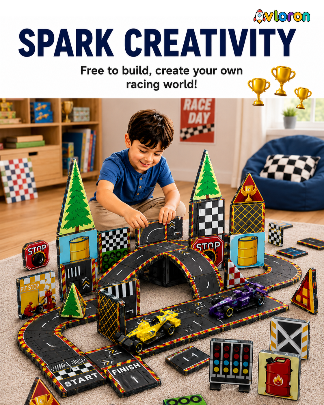 Magnetic Track Tiles 3D Dynamic World 44PCS – STEM Racing Construction Set with Strong Magnetic Force – Develop Creativity & Motor Skills Ages 3+