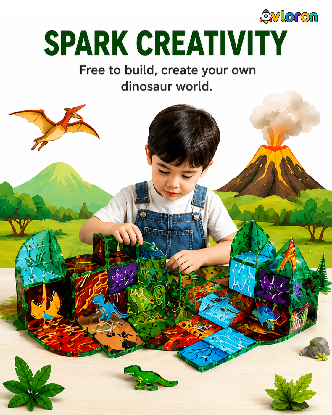 Magnetic Building Tiles 3D Dino World 44PCS - STEM Construction Set with Strong Magnetic Force-Develop Thinking & Motor Skills Ages 3+