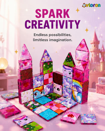 Magnetic Building Tiles 3D Little Pony World 60PCS - STEM Construction Set with Strong Magnetic Force-Develop Thinking & Motor Skills Ages 3+