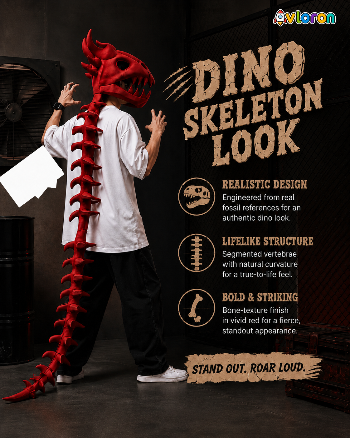 Avloron Dinosaur Skeleton Headpiece – 3D Plush Skull Headwear for Halloween Cosplay, Festivals & Unisex Costume Dress Up