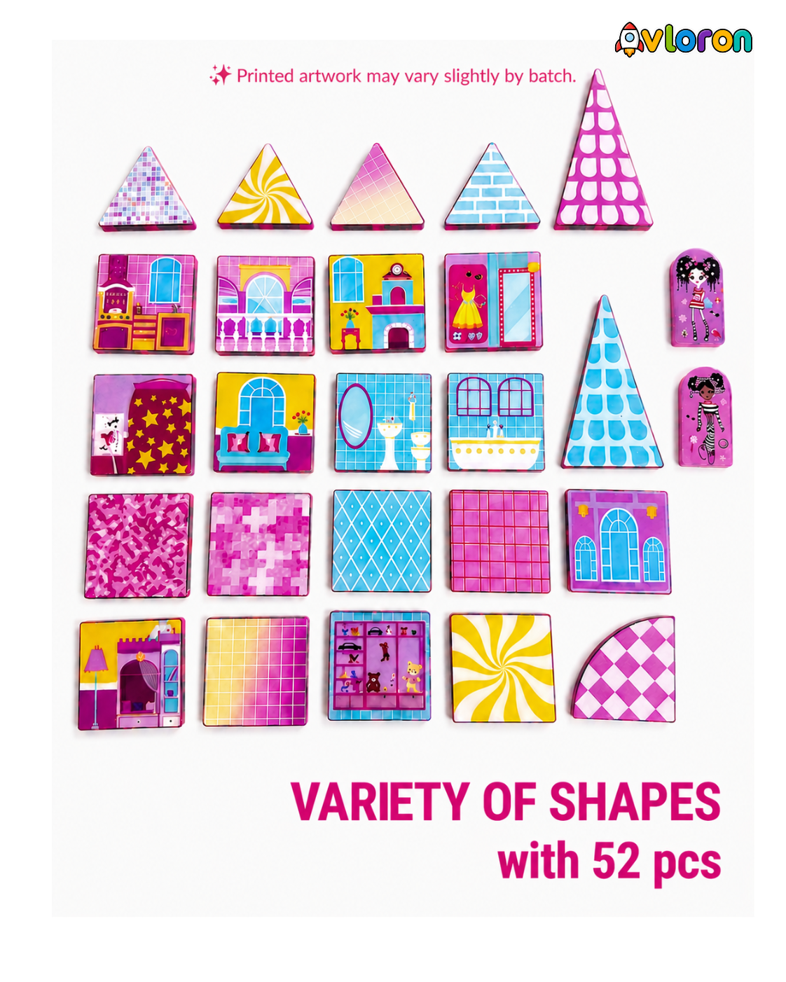 Magnetic Building Tiles 3D Pink Dollhouse 52PCS - STEM Construction Set with Strong Magnetic Force-Develop Creativity & Motor Skills Ages 3+
