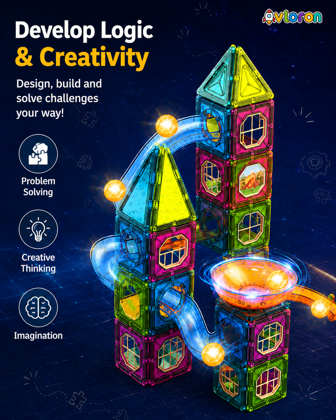 Avloron Magic Magnetic Blocks 123PCS Light-Up Marble World – STEM Building Toy for Imaginative Play & Motor Skills Ages 3+