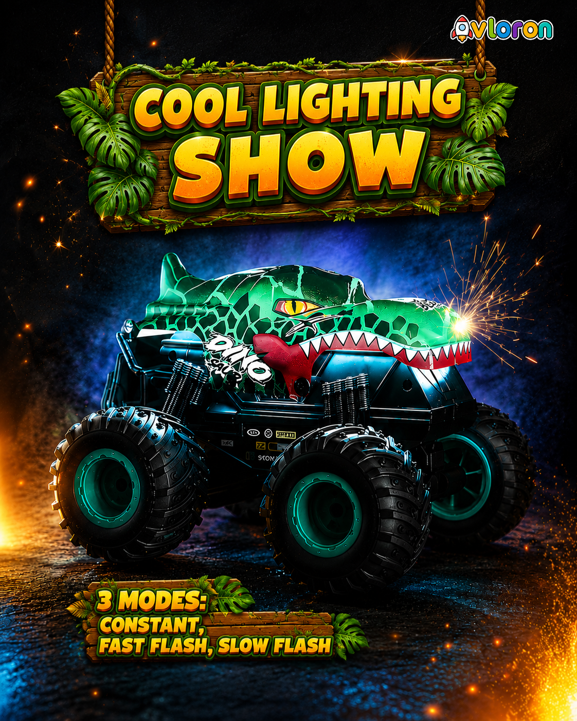 Monster Truck with LED Lights & 360° Spinning Action – Dinosaur Stunt Truck Fun for Kids Ages 3+