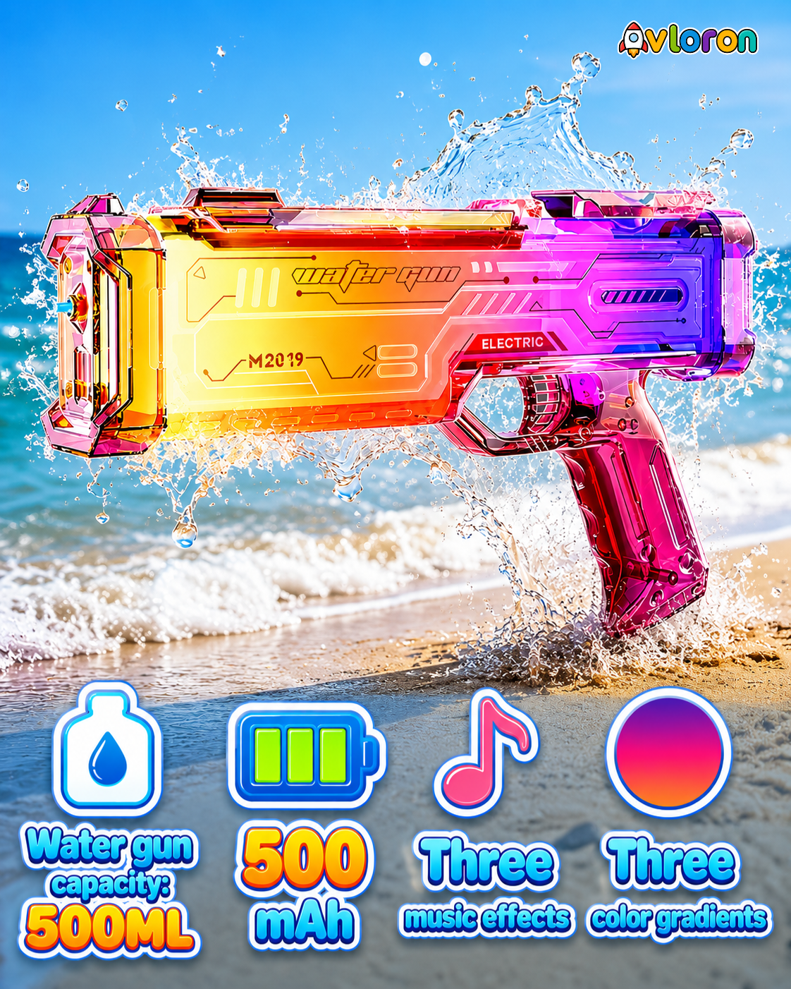 Avloron Electric Water Gun with LED Lights & Music – Rechargeable Automatic Water Blaster for Kids & Adults