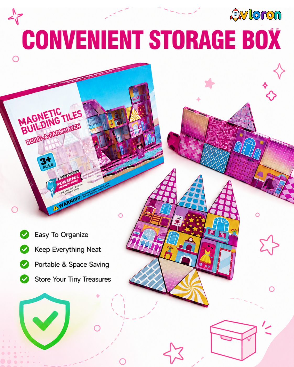 Magnetic Building Tiles 3D Pink Dollhouse 52PCS - STEM Construction Set with Strong Magnetic Force-Develop Creativity & Motor Skills Ages 3+