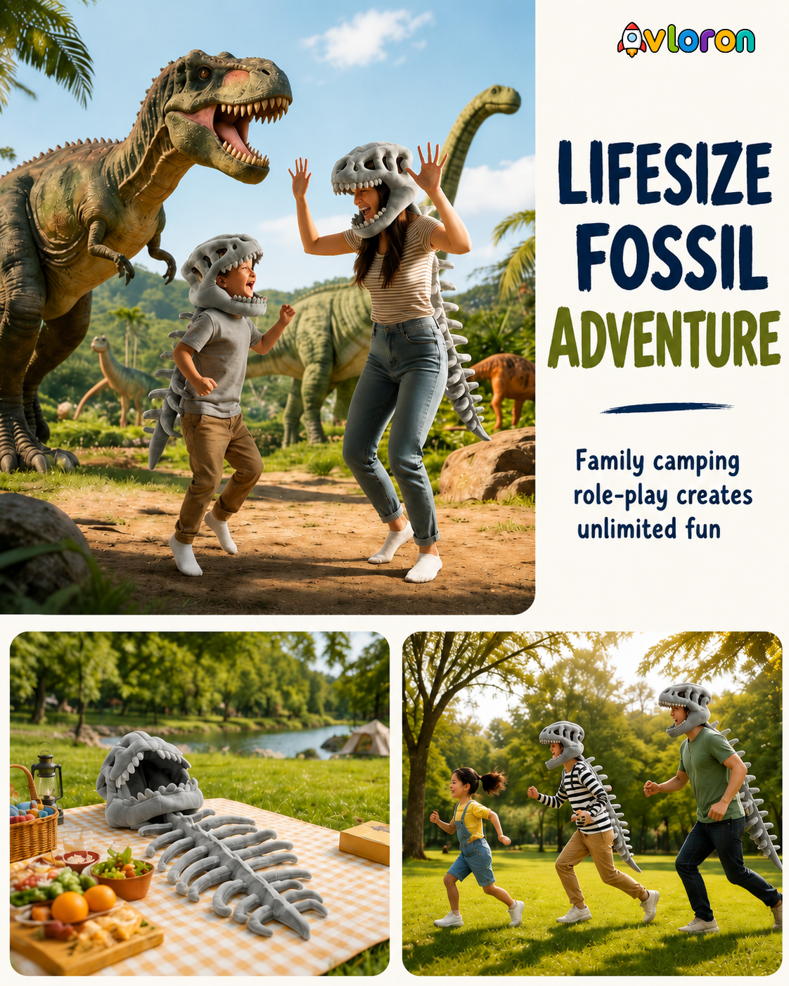 Avloron Dinosaur Skeleton Costume – 3D Plush Skull & Spine Halloween Cosplay Dress Up Outfit