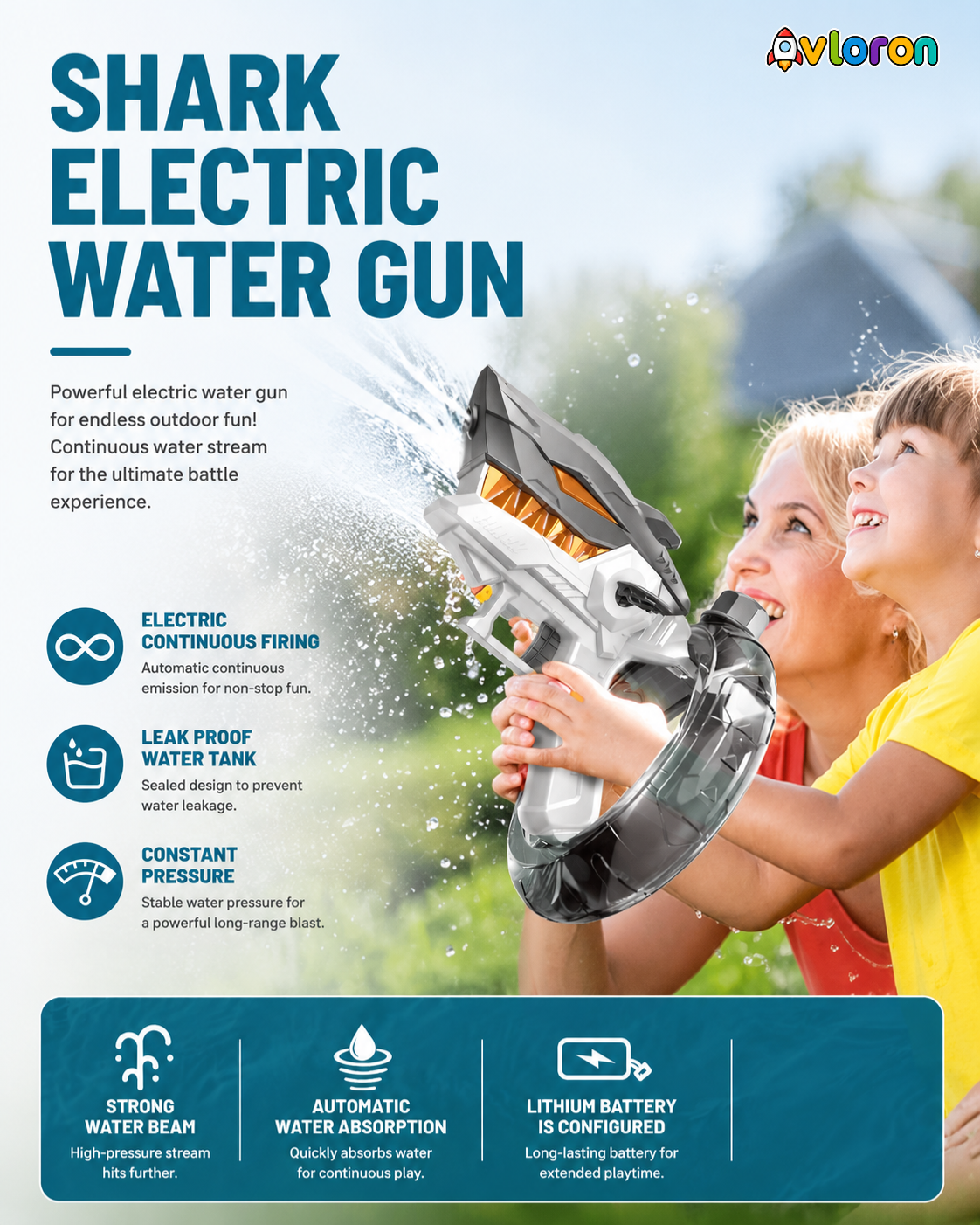Shark Electric Water Gun with Long-Range High-Pressure Spray – Exciting Outdoor Water Battles for Kids