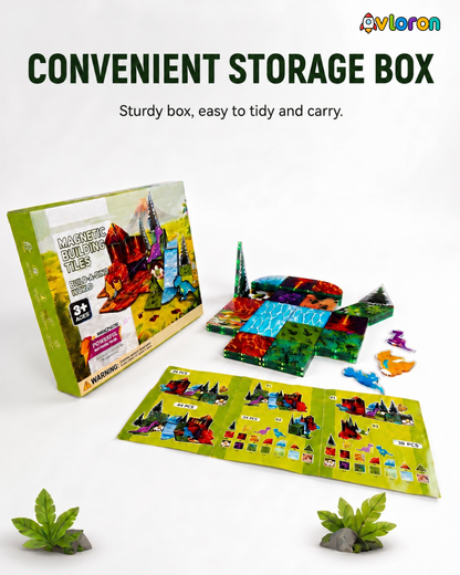Magnetic Building Tiles 3D Dino World 44PCS - STEM Construction Set with Strong Magnetic Force-Develop Thinking & Motor Skills Ages 3+
